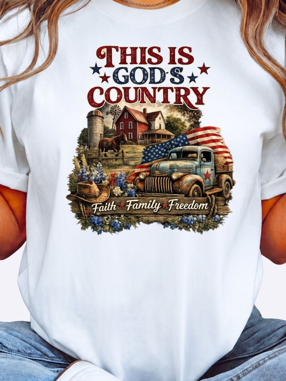 Graphic Shirt Gods Country Western Trendy Short Sleeve Tee Womens Tops White